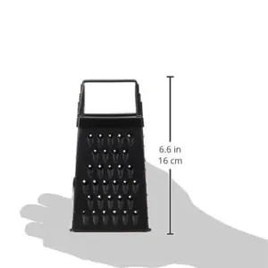 This mini box grater features a black soft grip handle and is made of sturdy stainless steel, perfect for grating small items like cheese, spices, or ginger.