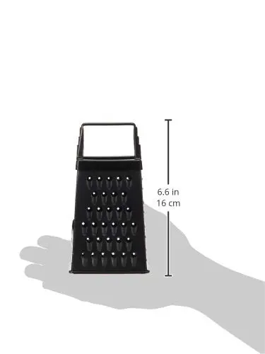This mini box grater features a black soft grip handle and is made of sturdy stainless steel, perfect for grating small items like cheese, spices, or ginger.