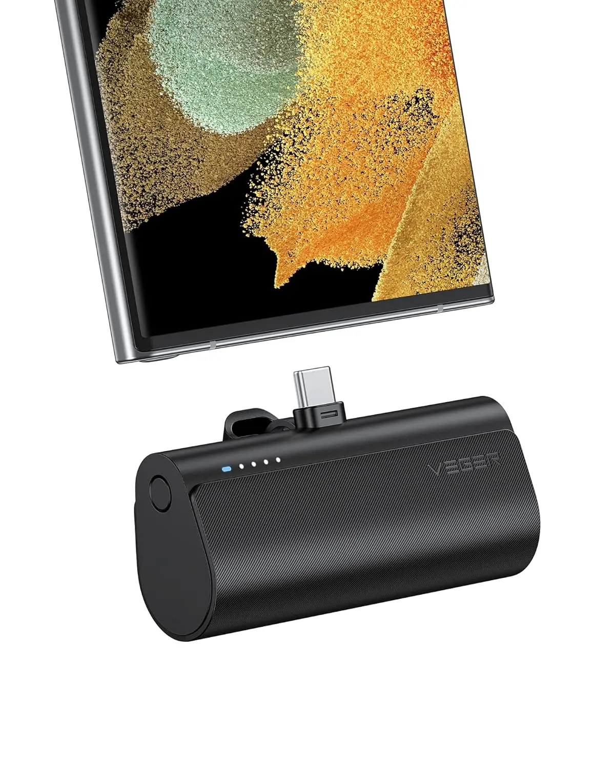 This is a black VEGER mini portable charger and power bank with a USB-C output for fast charging Android phones like Samsung Galaxy S22, S21, S20, S10, S9, Pixel, Moto, LG, and Oculus Quest.