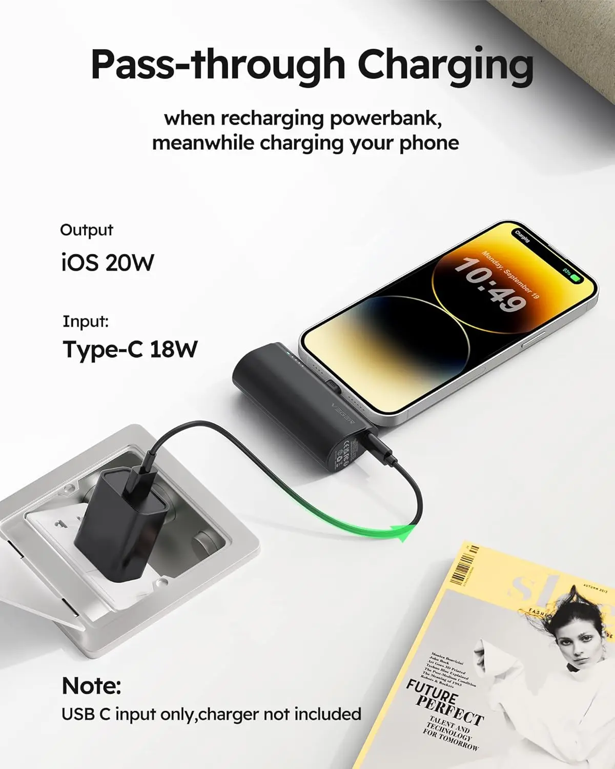 This is a black VEGER mini portable charger and power bank with a USB-C output for fast charging Android phones like Samsung Galaxy S22, S21, S20, S10, S9, Pixel, Moto, LG, and Oculus Quest.