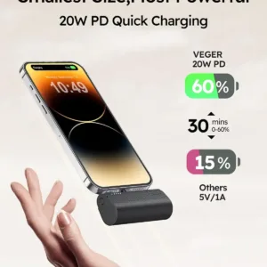 This is a black VEGER mini portable charger and power bank with a USB-C output for fast charging Android phones like Samsung Galaxy S22, S21, S20, S10, S9, Pixel, Moto, LG, and Oculus Quest.