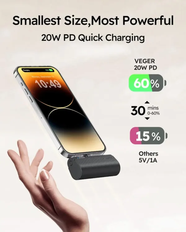 This is a black VEGER mini portable charger and power bank with a USB-C output for fast charging Android phones like Samsung Galaxy S22, S21, S20, S10, S9, Pixel, Moto, LG, and Oculus Quest.