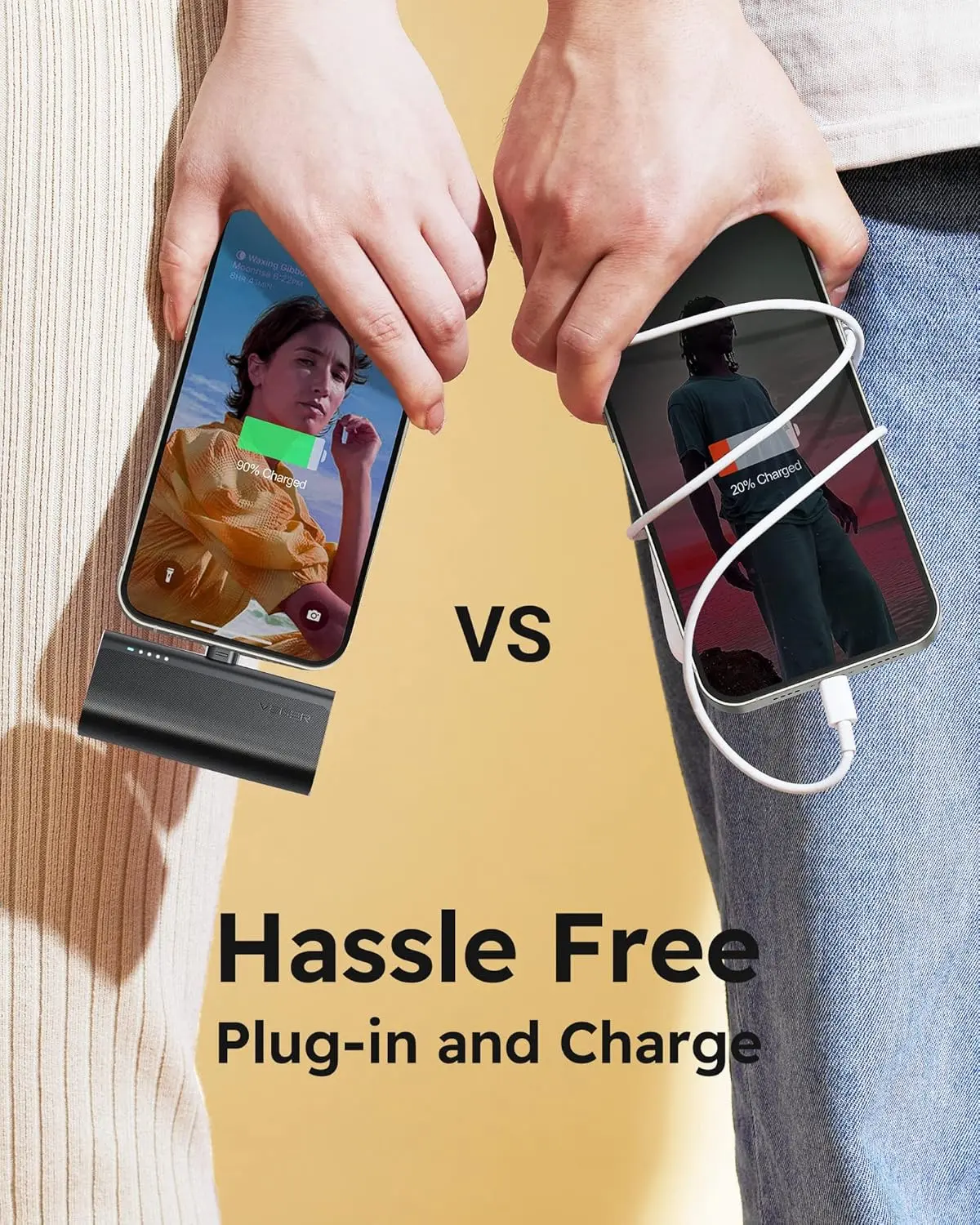 This is a black VEGER mini portable charger and power bank with a USB-C output for fast charging Android phones like Samsung Galaxy S22, S21, S20, S10, S9, Pixel, Moto, LG, and Oculus Quest.