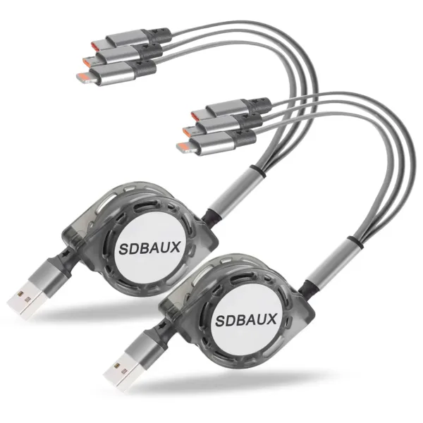 This SDBAUX 3 in 1 retractable multi USB charger cable with Phone Type-C and Micro USB connectors allows you to charge multiple devices simultaneously using a 5V/2A-3A USB power adapter.