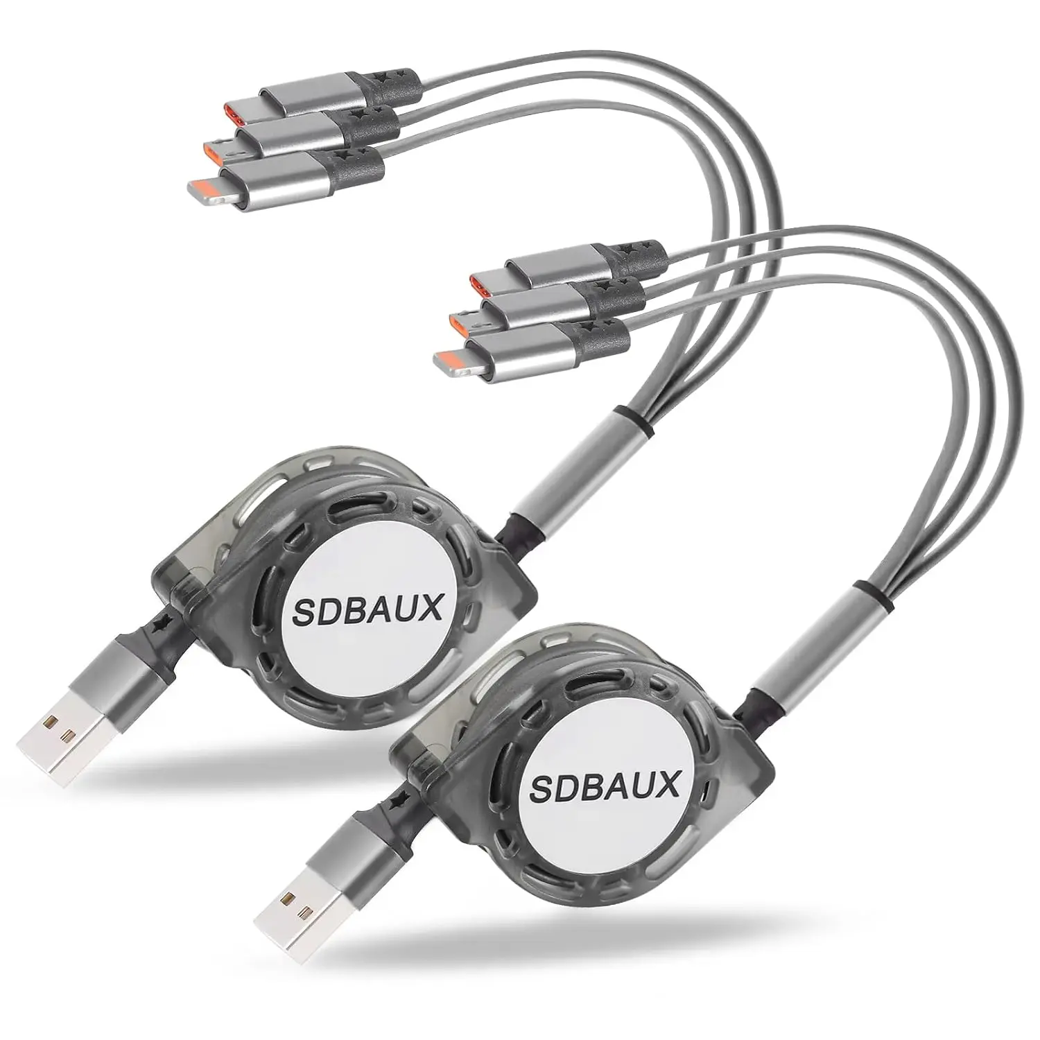 This SDBAUX 3 in 1 retractable multi USB charger cable with Phone Type-C and Micro USB connectors allows you to charge multiple devices simultaneously using a 5V/2A-3A USB power adapter.