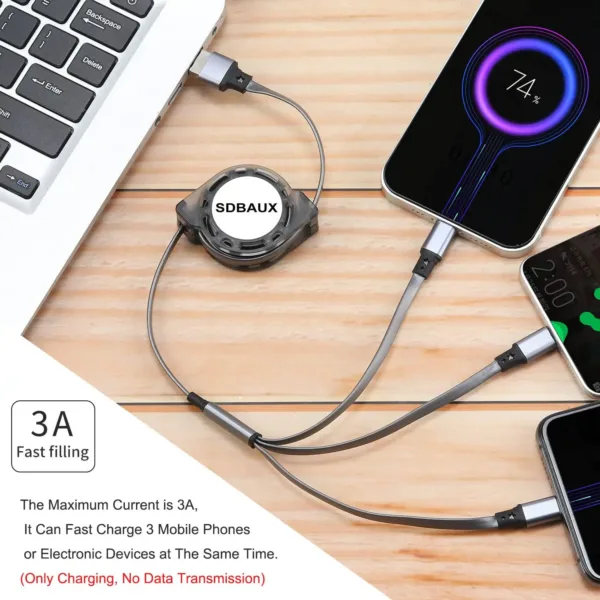 This SDBAUX 3 in 1 retractable multi USB charger cable with Phone Type-C and Micro USB connectors allows you to charge multiple devices simultaneously using a 5V/2A-3A USB power adapter.