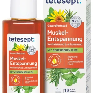 Tetesept Muscle Relaxation Bath with essential oils in a 125ml glass bottle, a revitalizing bath additive for muscle relaxation after physical activity.