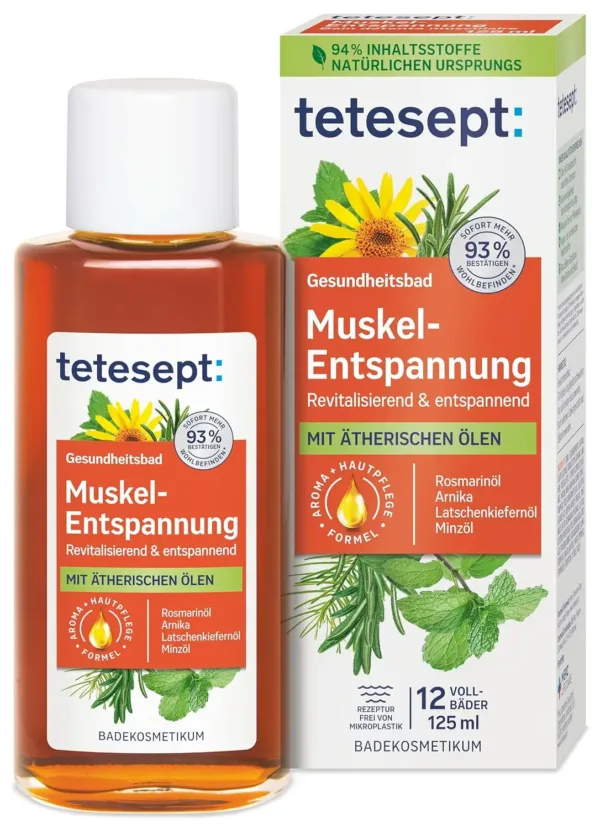 Tetesept Muscle Relaxation Bath with essential oils in a 125ml glass bottle, a revitalizing bath additive for muscle relaxation after physical activity.