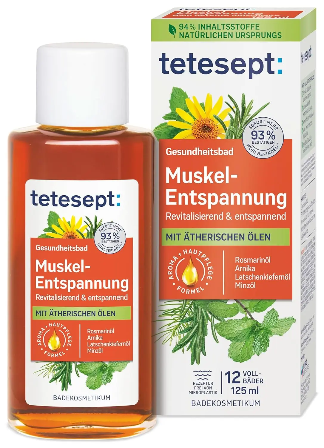 Tetesept Muscle Relaxation Bath with essential oils in a 125ml glass bottle, a revitalizing bath additive for muscle relaxation after physical activity.