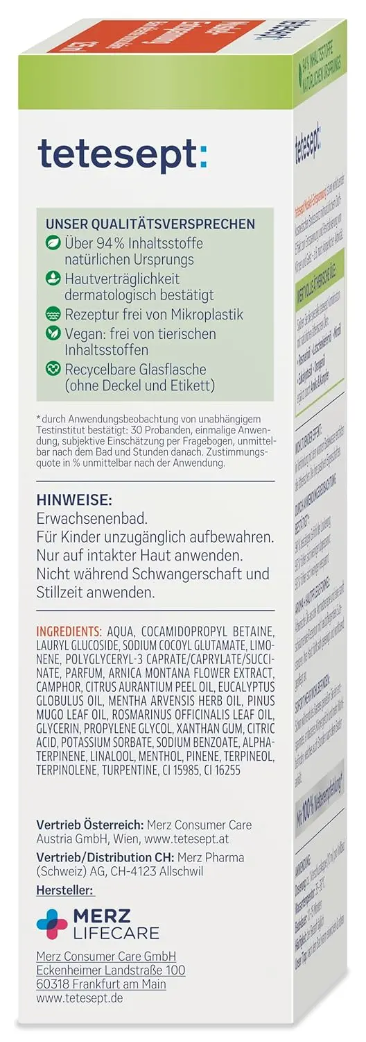 Tetesept Muscle Relaxation Bath with essential oils in a 125ml glass bottle, a revitalizing bath additive for muscle relaxation after physical activity.