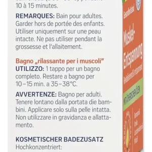 Tetesept Muscle Relaxation Bath with essential oils in a 125ml glass bottle, a revitalizing bath additive for muscle relaxation after physical activity.