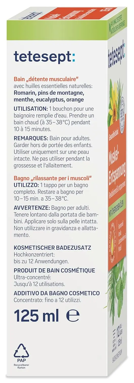 Tetesept Muscle Relaxation Bath with essential oils in a 125ml glass bottle, a revitalizing bath additive for muscle relaxation after physical activity.