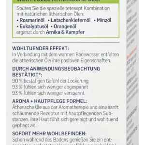 Tetesept Muscle Relaxation Bath with essential oils in a 125ml glass bottle, a revitalizing bath additive for muscle relaxation after physical activity.