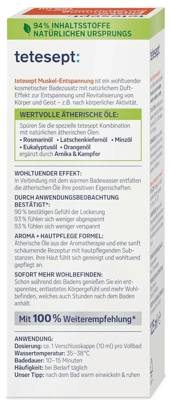 Tetesept Muscle Relaxation Bath with essential oils in a 125ml glass bottle, a revitalizing bath additive for muscle relaxation after physical activity.