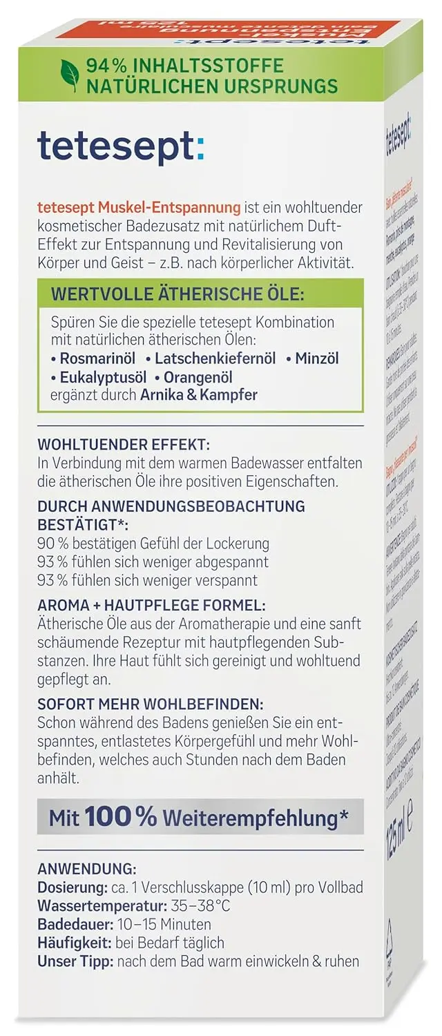 Tetesept Muscle Relaxation Bath with essential oils in a 125ml glass bottle, a revitalizing bath additive for muscle relaxation after physical activity.