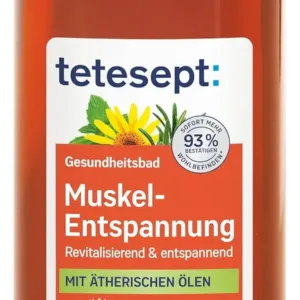 Tetesept Muscle Relaxation Bath with essential oils in a 125ml glass bottle, a revitalizing bath additive for muscle relaxation after physical activity.