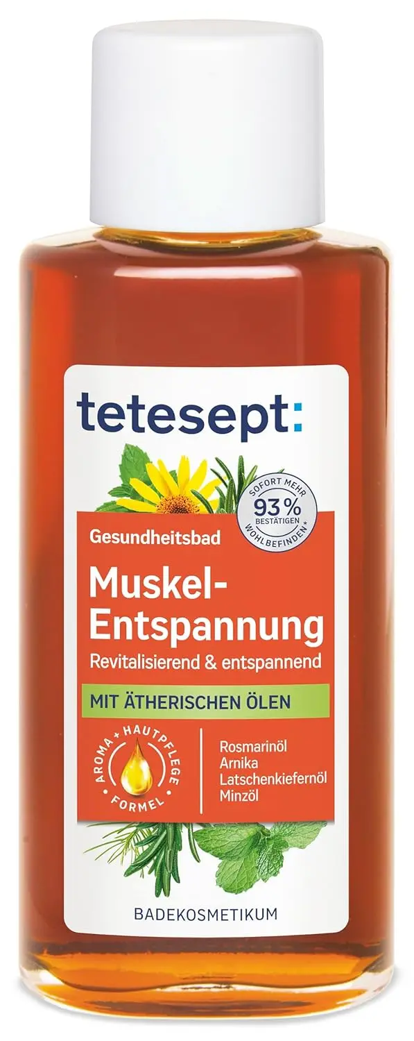 Tetesept Muscle Relaxation Bath with essential oils in a 125ml glass bottle, a revitalizing bath additive for muscle relaxation after physical activity.