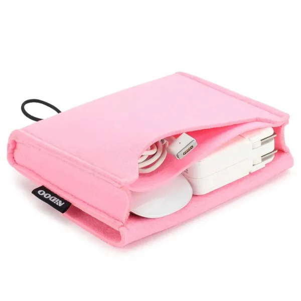 This pink NIDOO felt case is designed for carrying and protecting your MacBook power adapter, mouse, mobile phone, cables, SSD, HDD, power bank, and other small electronic accessories.