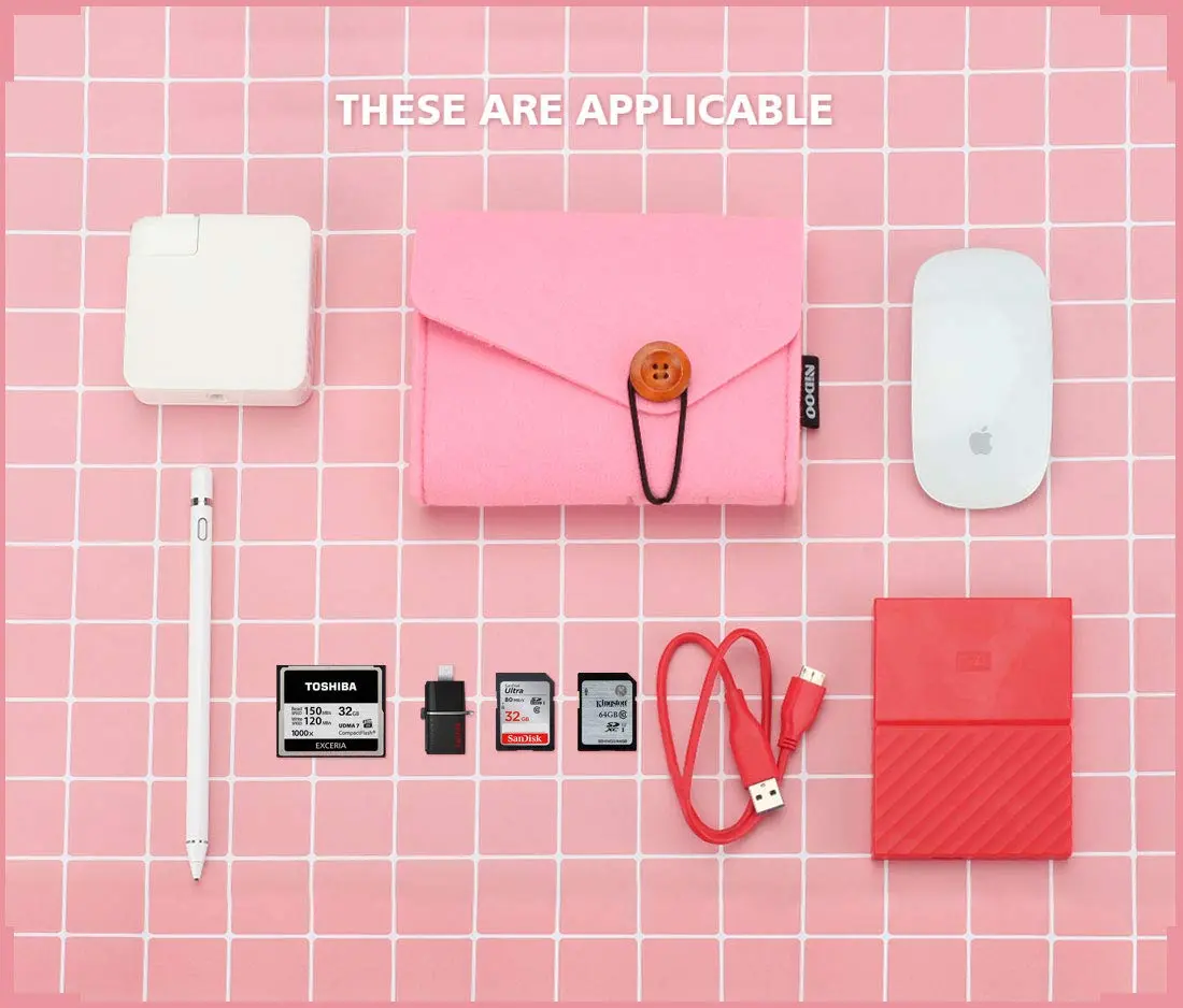 This pink NIDOO felt case is designed for carrying and protecting your MacBook power adapter, mouse, mobile phone, cables, SSD, HDD, power bank, and other small electronic accessories.