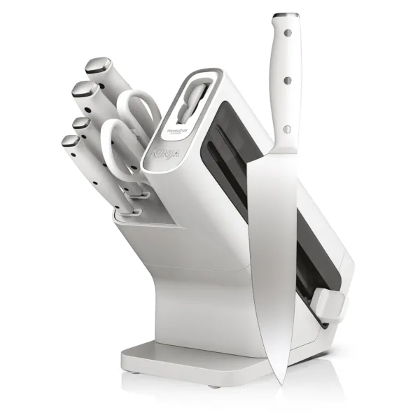 This 7-piece Ninja knife set features durable, rust-resistant stainless steel blades, ergonomic handles, a built-in NeverDull sharpener, and triple-rivet handle construction for reliable food prep.