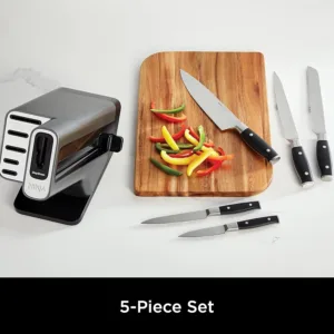 This Ninja Foodi StaySharp 5-piece knife block set includes a chef knife, bread knife, slicing knife, utility knife, and paring knife, all made of durable German stainless steel with an integrated knife sharpener.