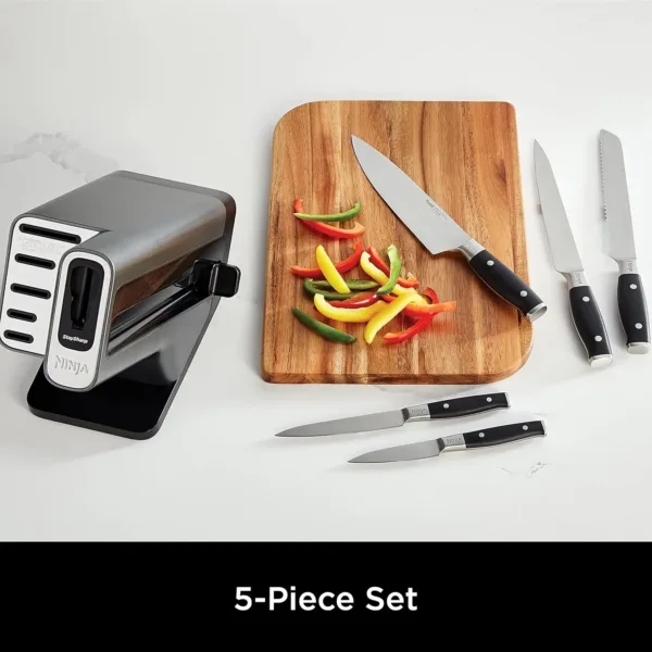 This Ninja Foodi StaySharp 5-piece knife block set includes a chef knife, bread knife, slicing knife, utility knife, and paring knife, all made of durable German stainless steel with an integrated knife sharpener.