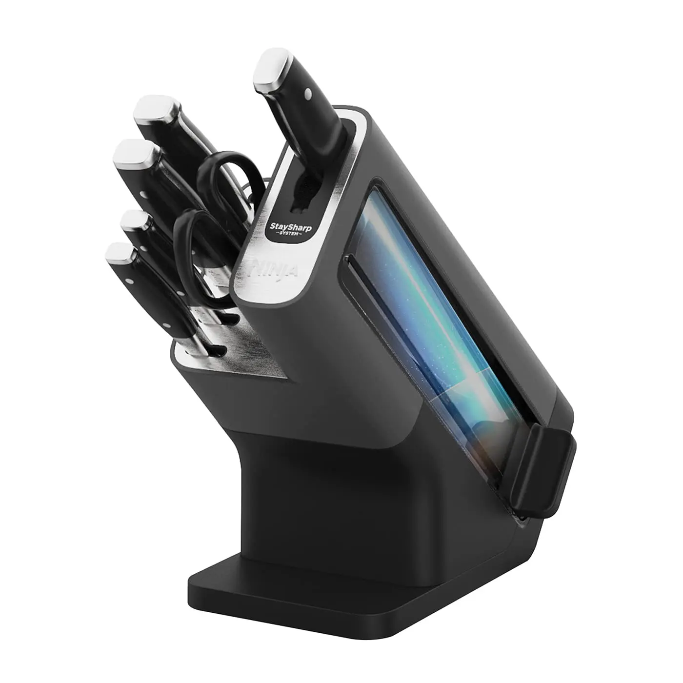 This Ninja Foodi StaySharp 5-piece knife block set includes a chef knife, bread knife, slicing knife, utility knife, and paring knife, all made of durable German stainless steel with an integrated knife sharpener.