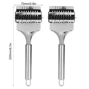 This stainless steel noodle cutter with an ergonomic handle and hook is designed for easy cutting of noodles and vegetables in the kitchen.