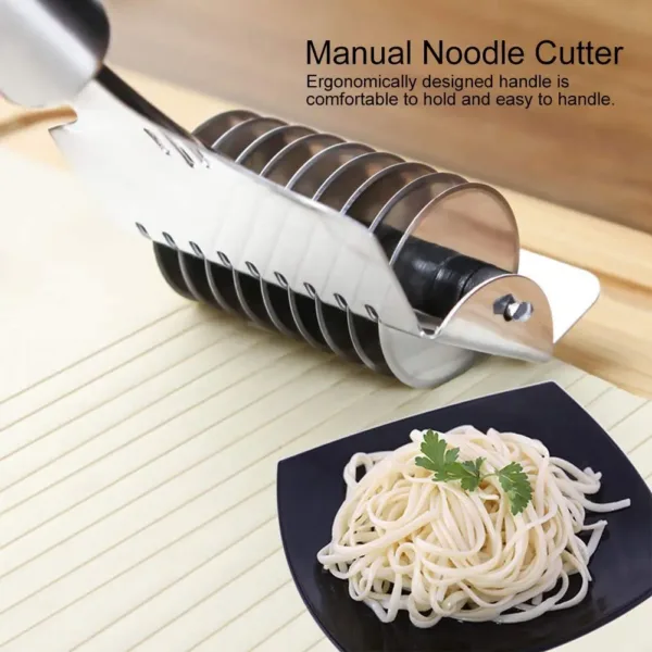 This stainless steel noodle cutter with an ergonomic handle and hook is designed for easy cutting of noodles and vegetables in the kitchen.