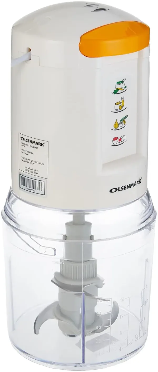 This is a compact Olsenmark 500ml food chopper with a powerful 500W motor and durable stainless steel blades, ideal for chopping vegetables, fruits, herbs, and mincing meat quickly and efficiently in any kitchen.