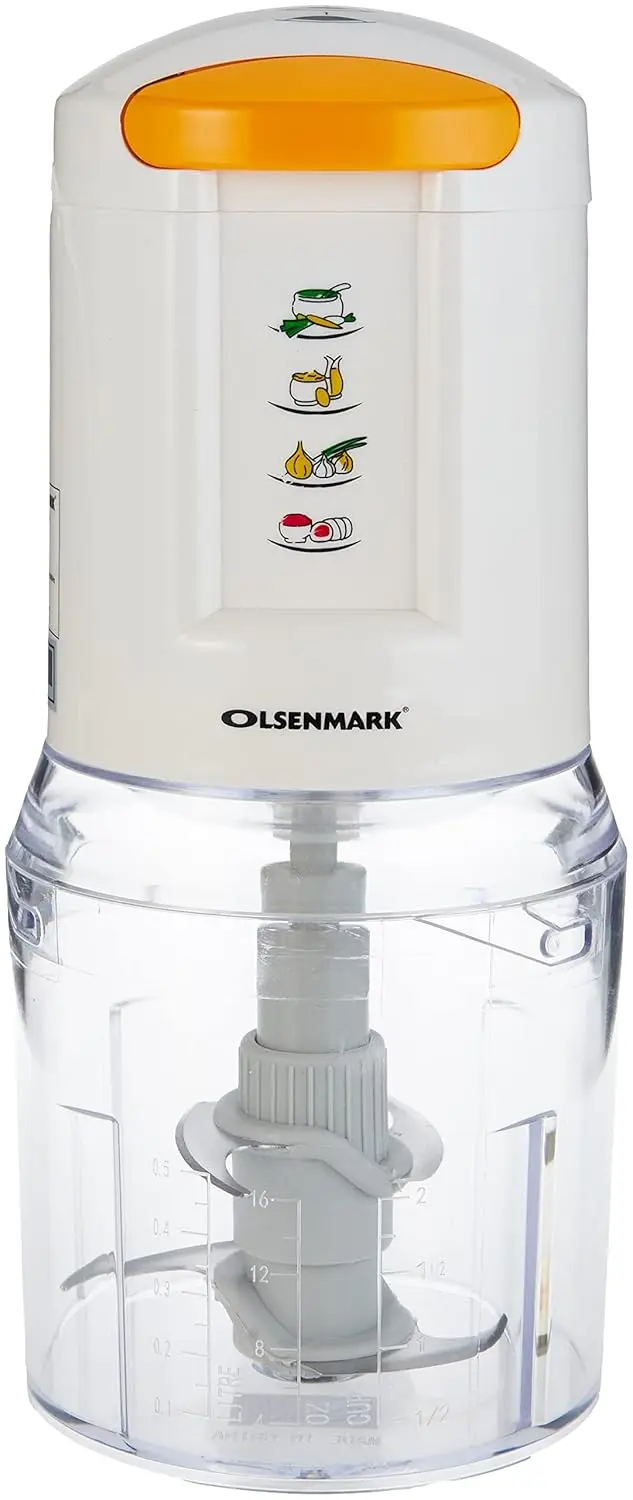 This is a compact Olsenmark 500ml food chopper with a powerful 500W motor and durable stainless steel blades, ideal for chopping vegetables, fruits, herbs, and mincing meat quickly and efficiently in any kitchen.