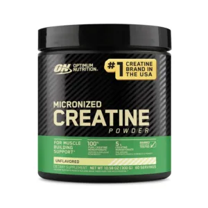 This is a container of Optimum Nutrition Creatine Monohydrate powder made with Creapure, designed to support muscle strength and power, and features a micronized formula for easy mixing.