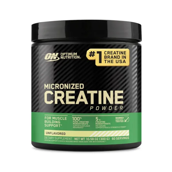 This is a container of Optimum Nutrition Creatine Monohydrate powder made with Creapure, designed to support muscle strength and power, and features a micronized formula for easy mixing.