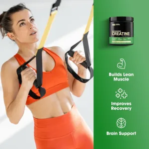 This is a container of Optimum Nutrition Creatine Monohydrate powder made with Creapure, designed to support muscle strength and power, and features a micronized formula for easy mixing.