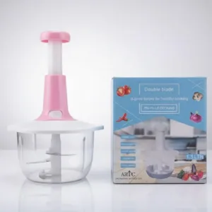 This is a one-touch food chopper with stainless steel blades and a transparent bowl, ideal for quickly chopping vegetables, mincing meat, and blending sauces.