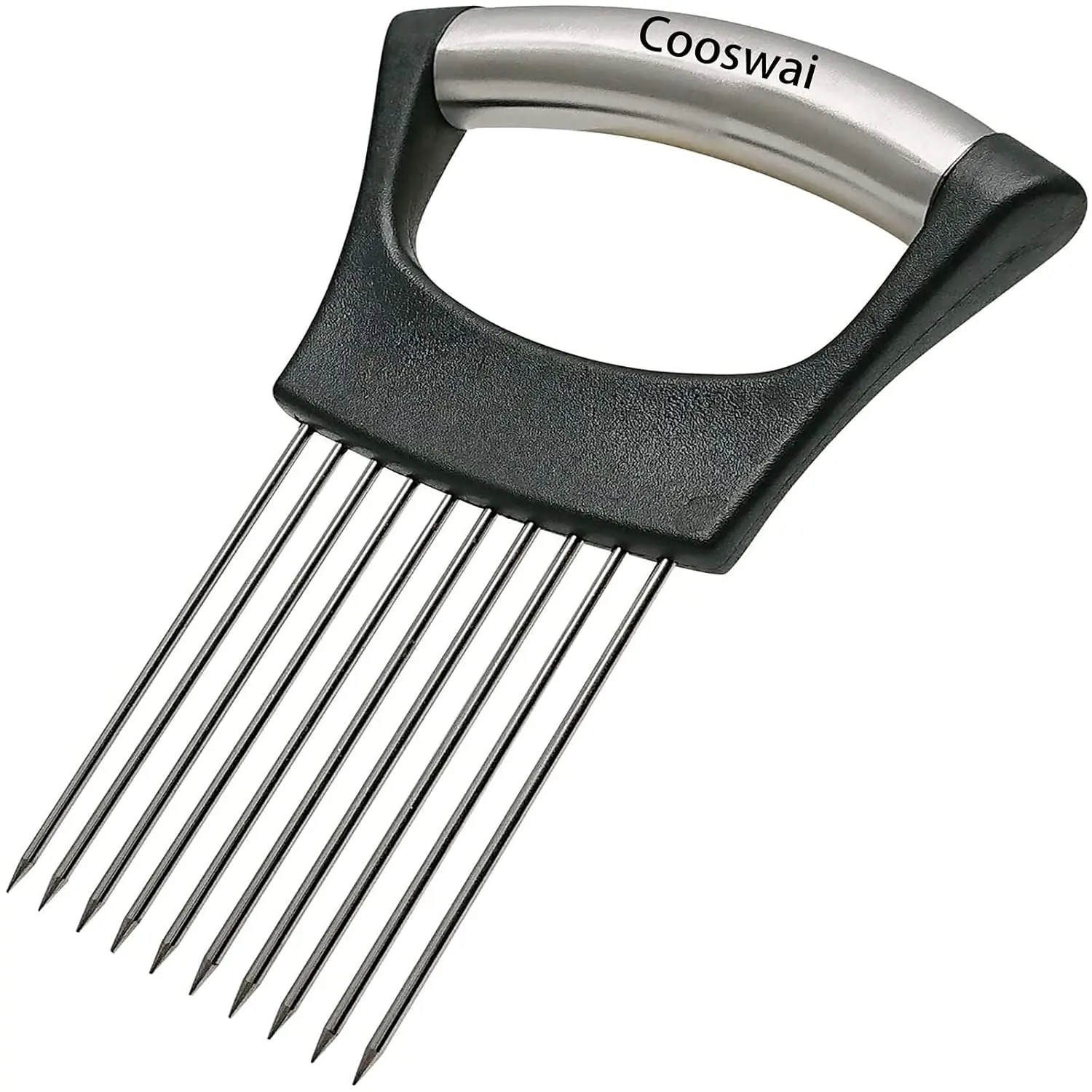 This stainless steel onion holder helps slice vegetables and meat evenly, keeping hands safe from cuts, and is easy to clean.