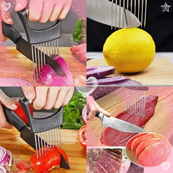 This stainless steel onion holder helps slice vegetables and meat evenly, keeping hands safe from cuts, and is easy to clean.