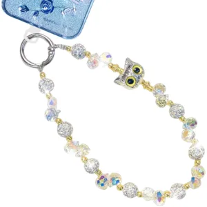 A stylish white beaded phone wrist strap with a cute owl charm design provides anti-drop and anti-theft protection for your iPhone, Samsung, or other smartphones.