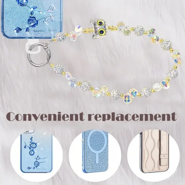 A stylish white beaded phone wrist strap with a cute owl charm design provides anti-drop and anti-theft protection for your iPhone, Samsung, or other smartphones.