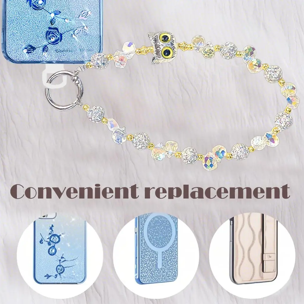 A stylish white beaded phone wrist strap with a cute owl charm design provides anti-drop and anti-theft protection for your iPhone, Samsung, or other smartphones.