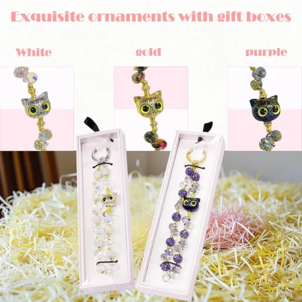 A stylish white beaded phone wrist strap with a cute owl charm design provides anti-drop and anti-theft protection for your iPhone, Samsung, or other smartphones.