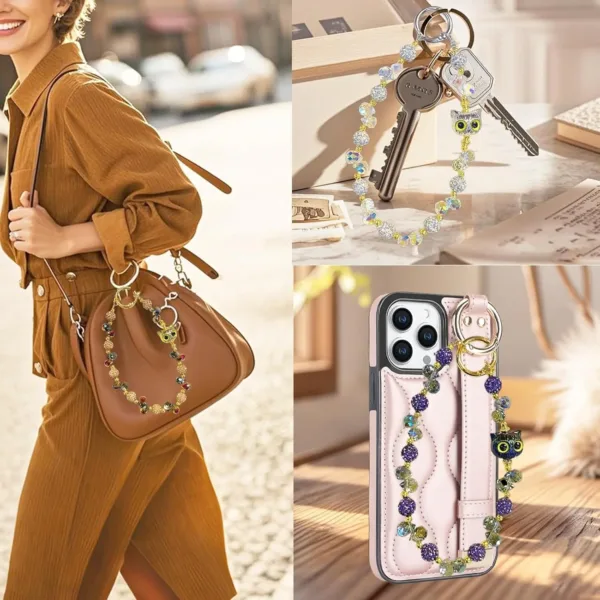 A stylish white beaded phone wrist strap with a cute owl charm design provides anti-drop and anti-theft protection for your iPhone, Samsung, or other smartphones.