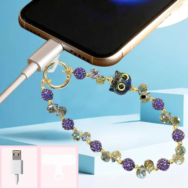 A stylish white beaded phone wrist strap with a cute owl charm design provides anti-drop and anti-theft protection for your iPhone, Samsung, or other smartphones.