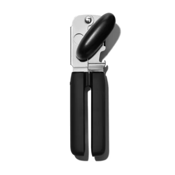 This OXO can opener features large, comfortable, non-slip handles and an oversized knob that makes opening cans easy.