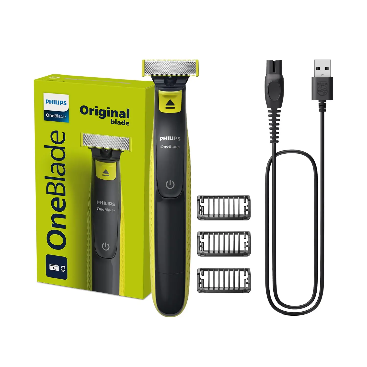 This is a Philips OneBlade Face QP2724/10 electric trimmer with an original blade and 5-in-1 adjustable comb for trimming, edging, and shaving facial hair.