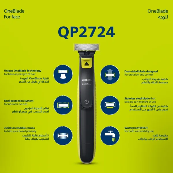 This is a Philips OneBlade Face QP2724/10 electric trimmer with an original blade and 5-in-1 adjustable comb for trimming, edging, and shaving facial hair.