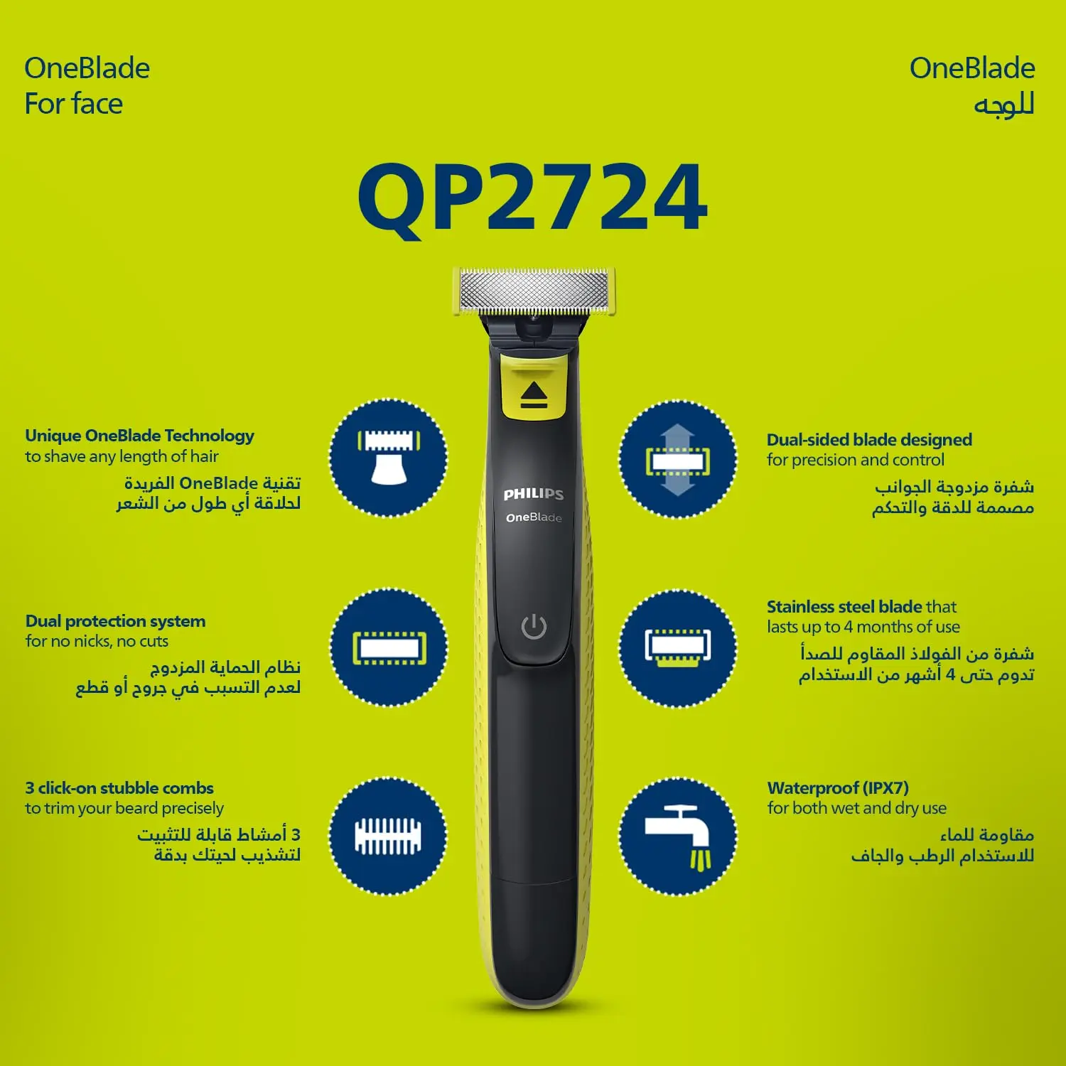 This is a Philips OneBlade Face QP2724/10 electric trimmer with an original blade and 5-in-1 adjustable comb for trimming, edging, and shaving facial hair.