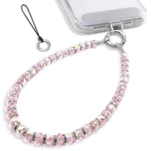 This pearl phone charm features a beaded wrist strap lanyard, made of premium glass beads and alloy steel, designed to prevent phone drops and add a fashionable touch.