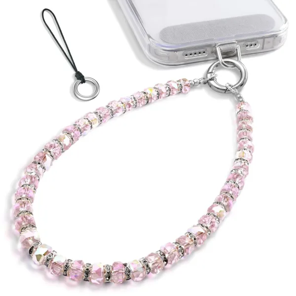 This pearl phone charm features a beaded wrist strap lanyard, made of premium glass beads and alloy steel, designed to prevent phone drops and add a fashionable touch.