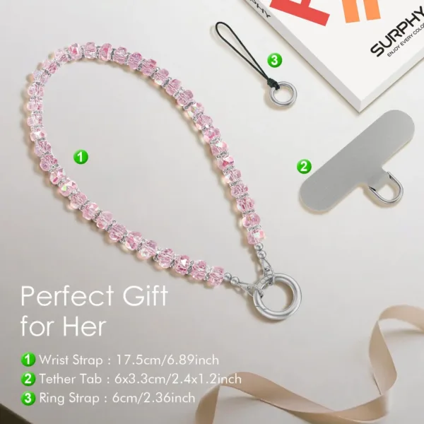 This pearl phone charm features a beaded wrist strap lanyard, made of premium glass beads and alloy steel, designed to prevent phone drops and add a fashionable touch.